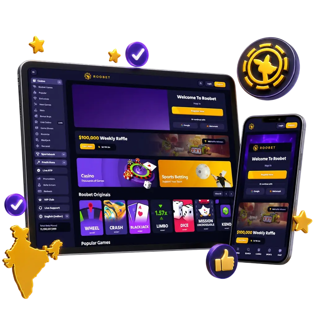Roobet MMA betting platform showing event coverage, live odds, fight props and INR payment options for Indian bettors.
