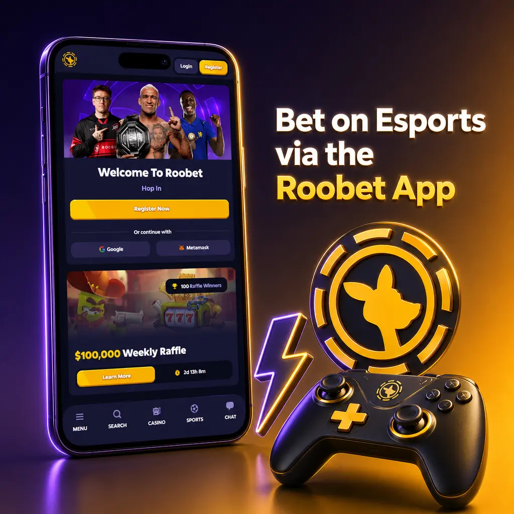 Roobet esports app on Android and iOS showing match list, betting markets and bet slip for live sports betting