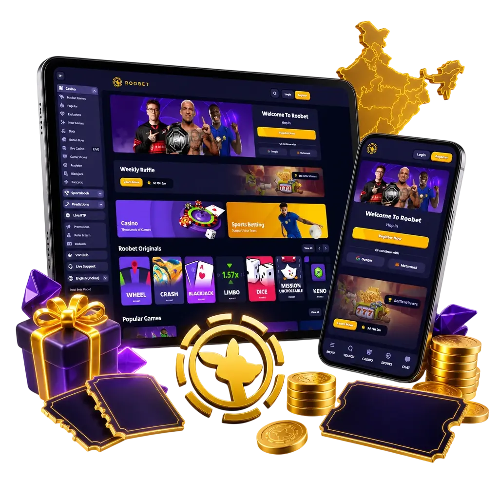 Roobet MMA betting welcome bonus for new accounts, offering a first deposit offer in Indian Rupees for combat sports wagers.