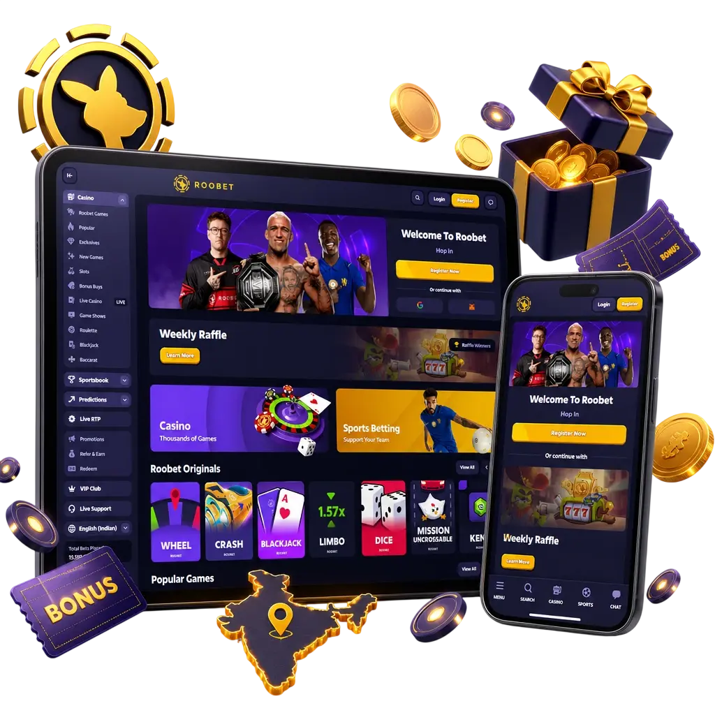 Roobet bonus overview showing casino and sports welcome offers, weekly cashback, reload bonus, and VIP loyalty program