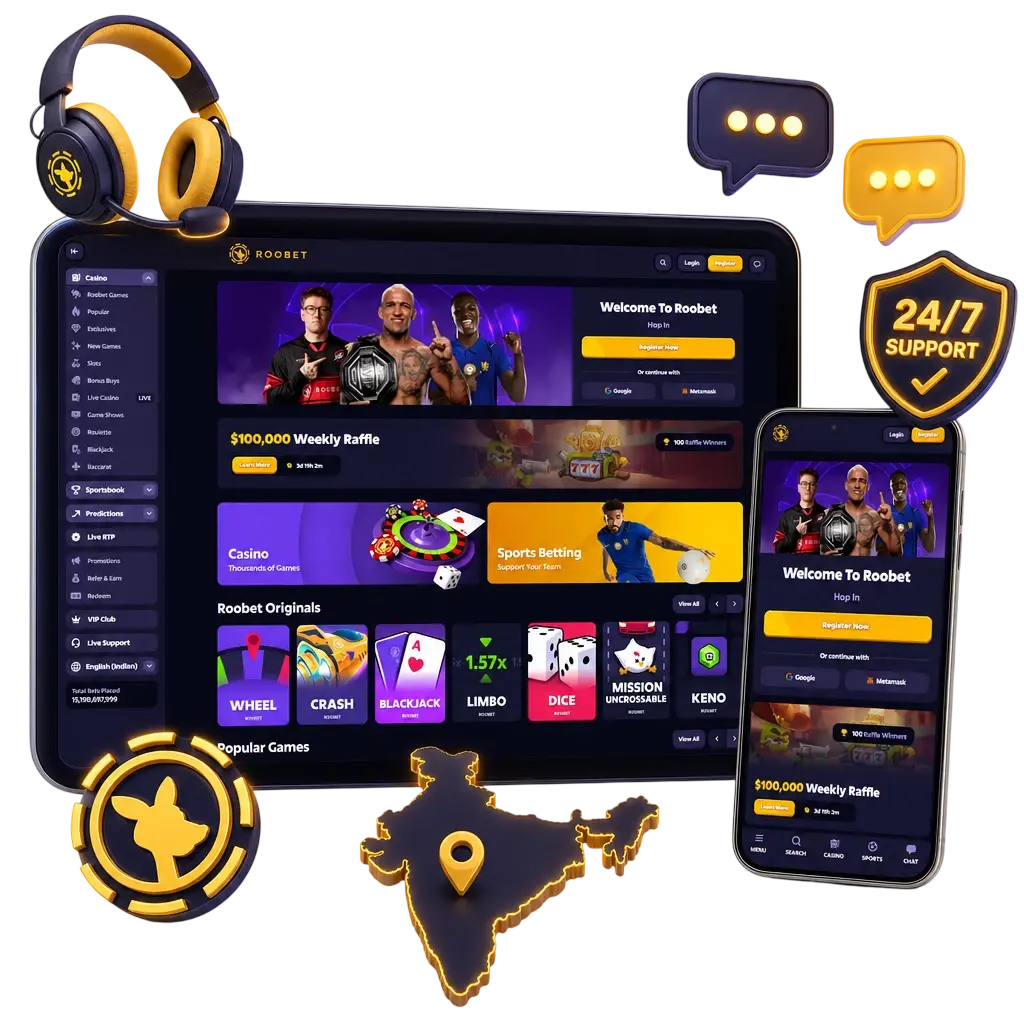 Roobet app 24/7 customer support options including live chat, email, Telegram bot, and FAQ for India users