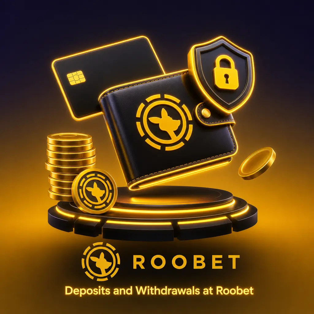 Roobet cashier screen showing regional deposit and withdrawal methods, currency balance, and verification steps.