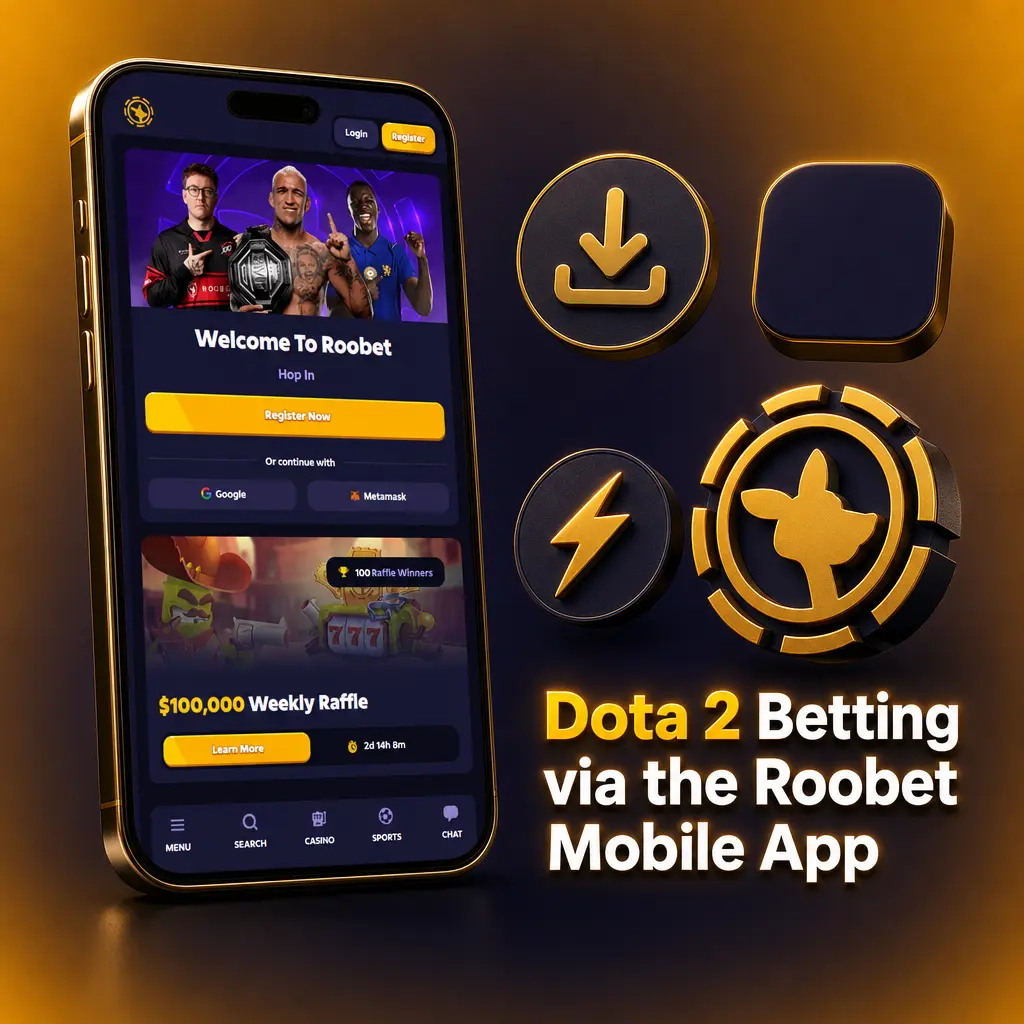 Dota 2 betting on Roobet mobile app showing match lines, bet slip, and esports menu on a smartphone