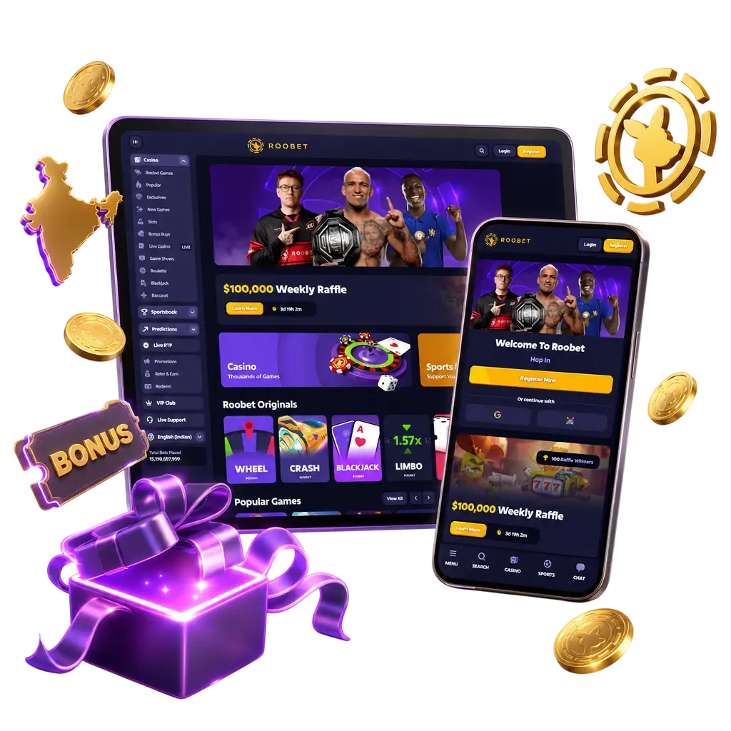 Roobet first deposit bonus for Indian players showing match percentage, wagering requirement, and expiry terms in the cashier.