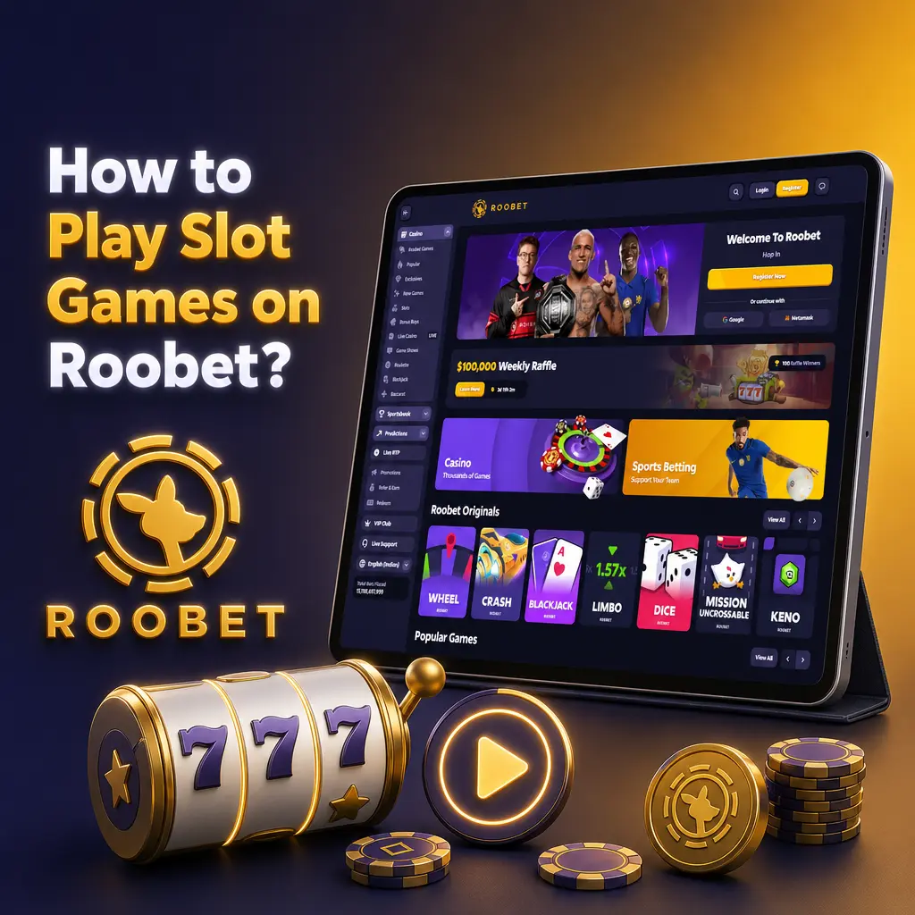 Step-by-step guide showing how to log in, deposit, browse, set bets and spin to play slot games on Roobet