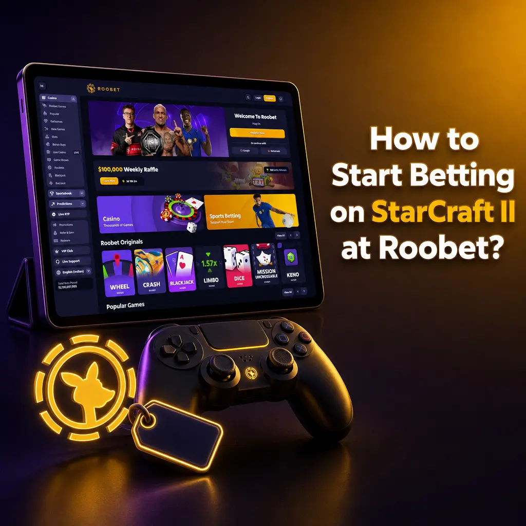 Step-by-step guide to registering, funding, and placing a StarCraft II bet on Roobet esports platform.