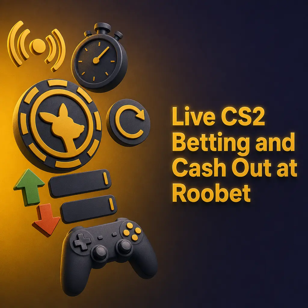 Live CS2 betting interface on Roobet showing round-by-round odds, cash out option, and match statistics