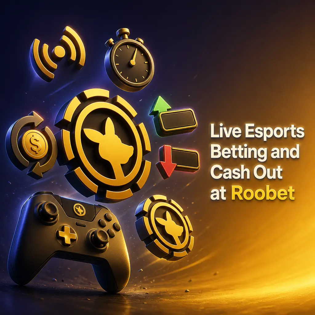 Live esports betting interface on Roobet showing real-time odds, cash out option and match statistics display