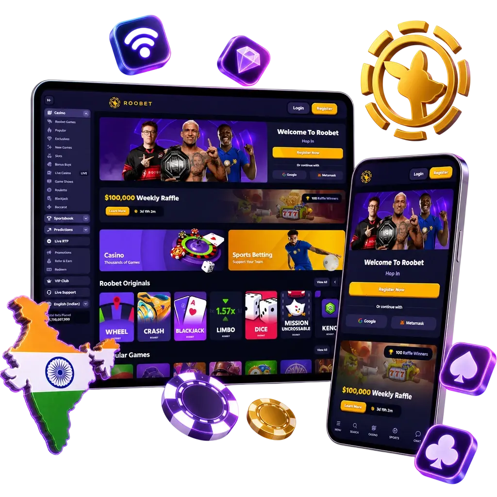 Roobet mobile web app for cricket betting, showing fast installation via Add to Home Screen on Android and iPhone