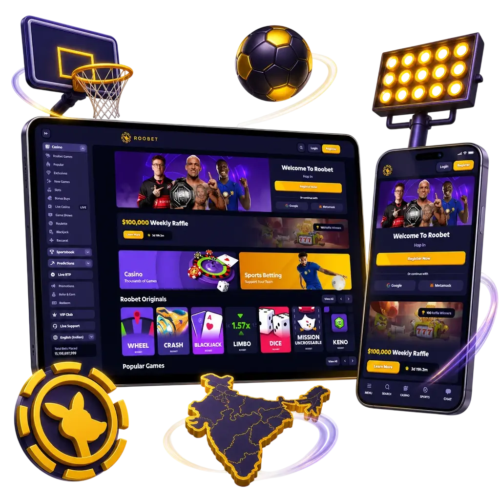 Roobet mobile app showing sports betting dashboard with Live and Line markets for Cricket, Football, Basketball, Tennis, and Esports