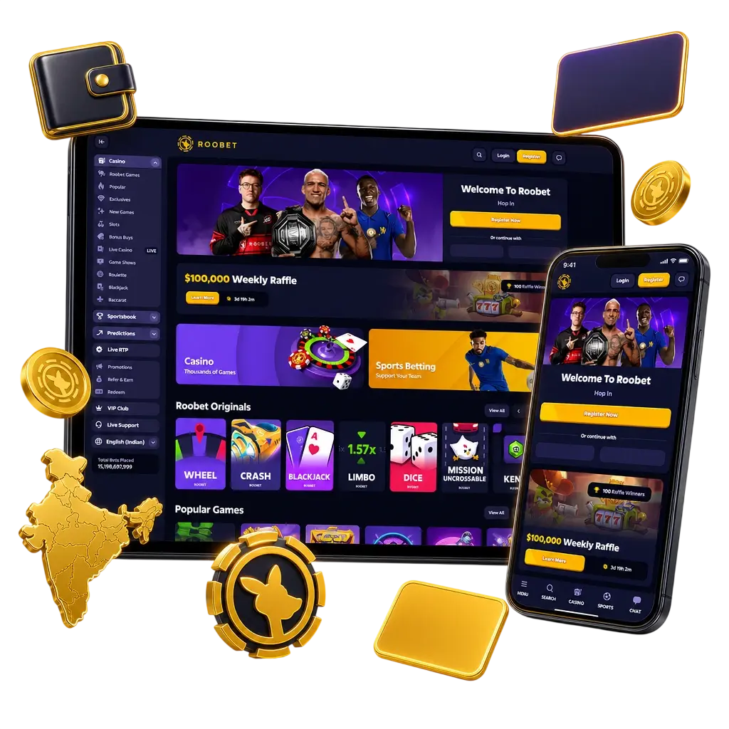 Roobet app cashier showing payment options for Indian users: UPI, cards, e-wallets, and crypto like Bitcoin and USDT.