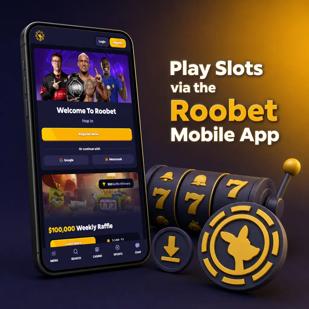 Roobet mobile app lobby showing slot games optimised for a vertical phone screen with filters and search bar