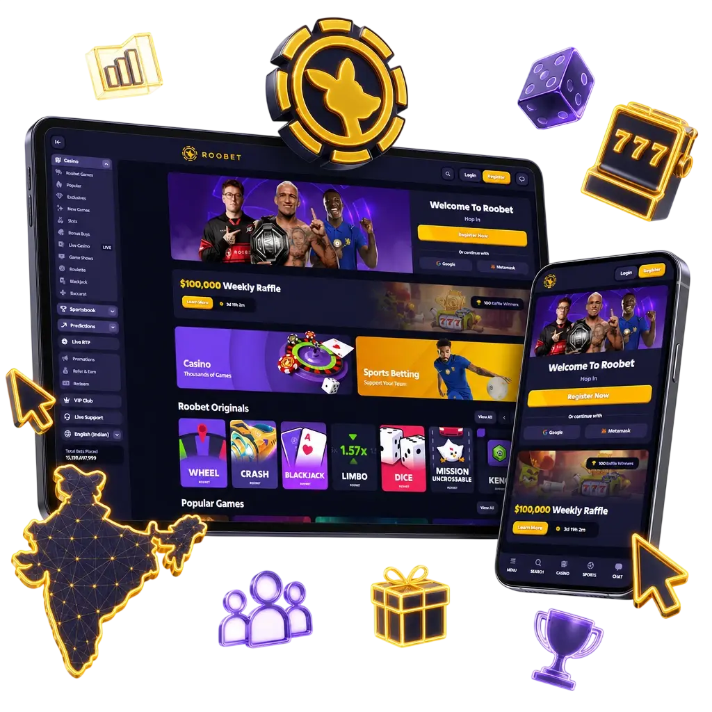 Roobet app dark-themed interface with bottom navigation for sportsbook, live casino, bet slip, and account settings