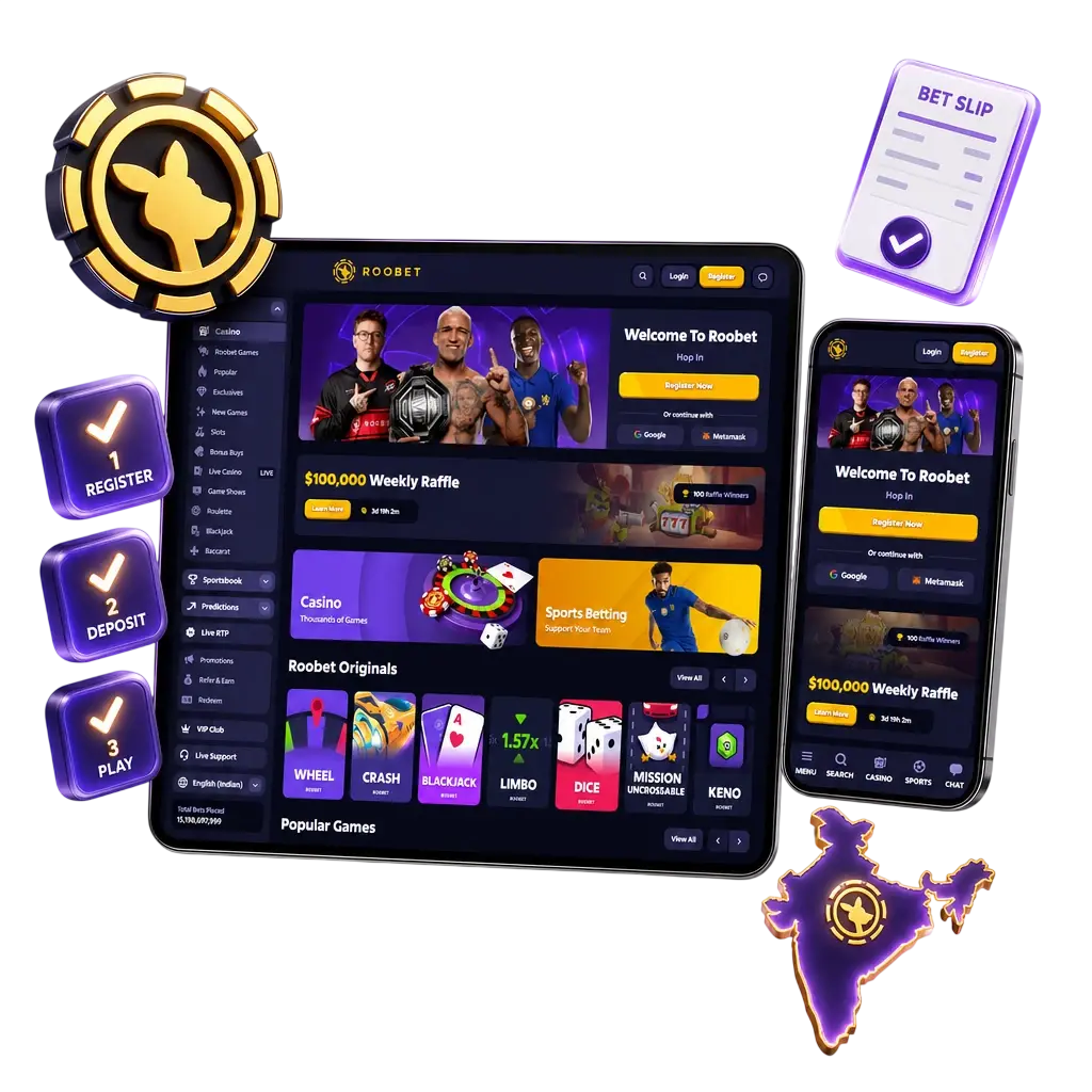 Step-by-step guide to registering, depositing via crypto, and placing a cricket bet on Roobet in India.