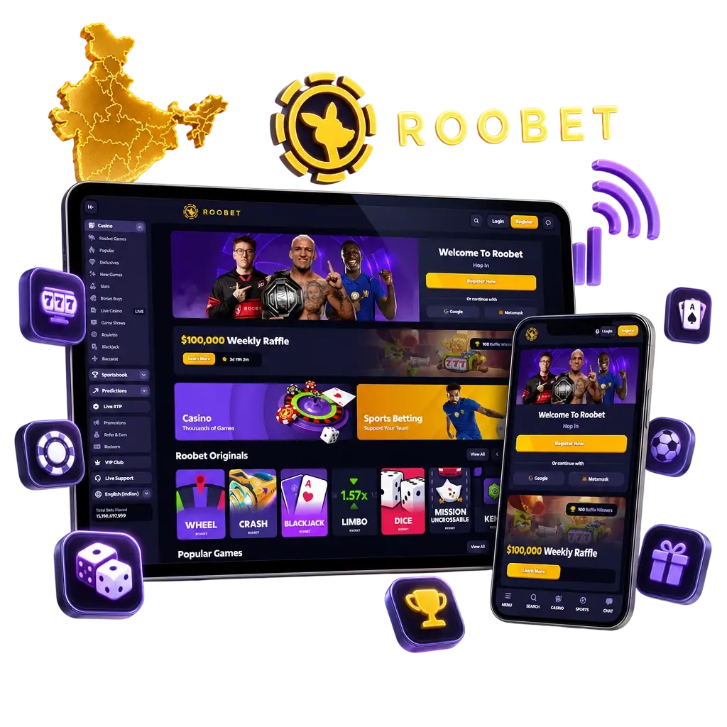 Roobet football betting app interface for Android and iOS showing live odds and bet slip