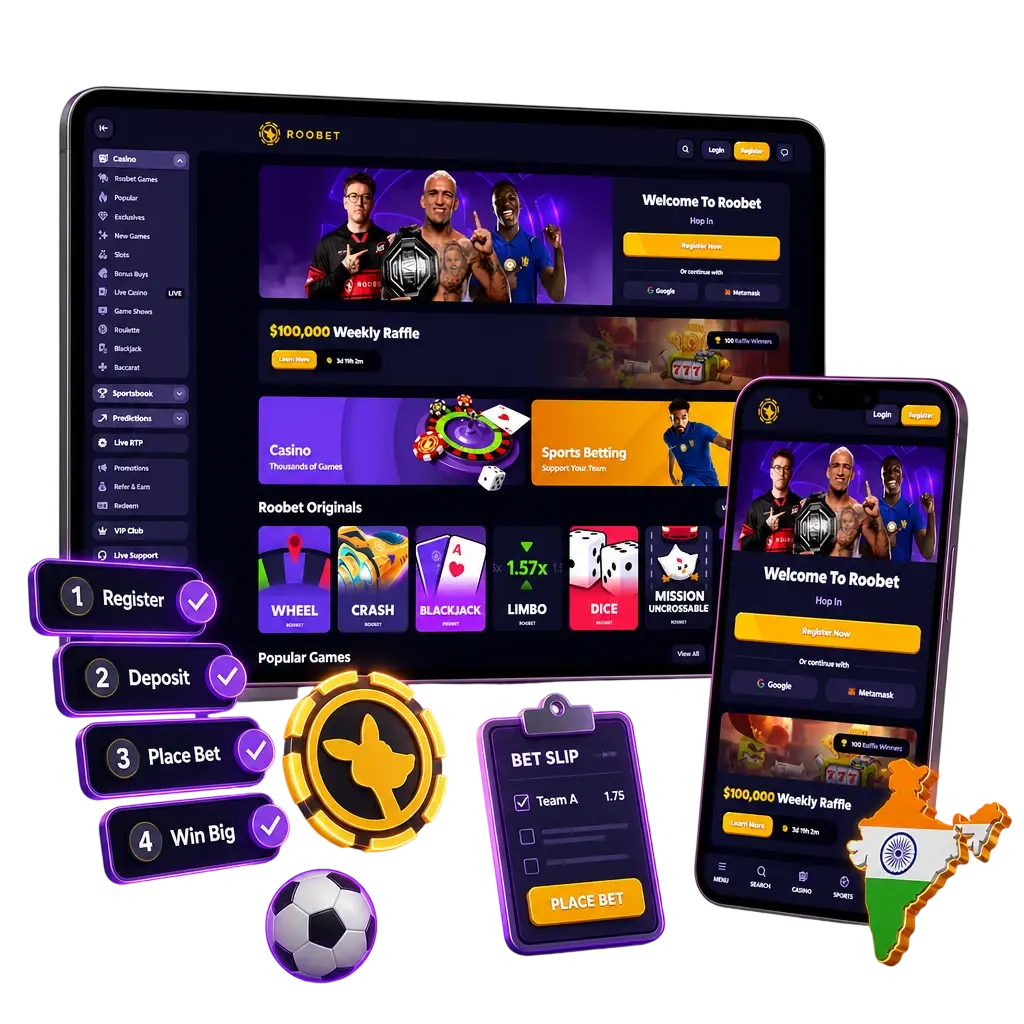 Step-by-step guide to Roobet football betting: sign up, deposit via UPI or USDT, pick a match, and place your bet.