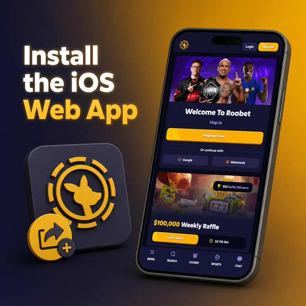 Steps to install Roobet iOS web app: open site, tap share menu, add to home screen, then launch and sign in