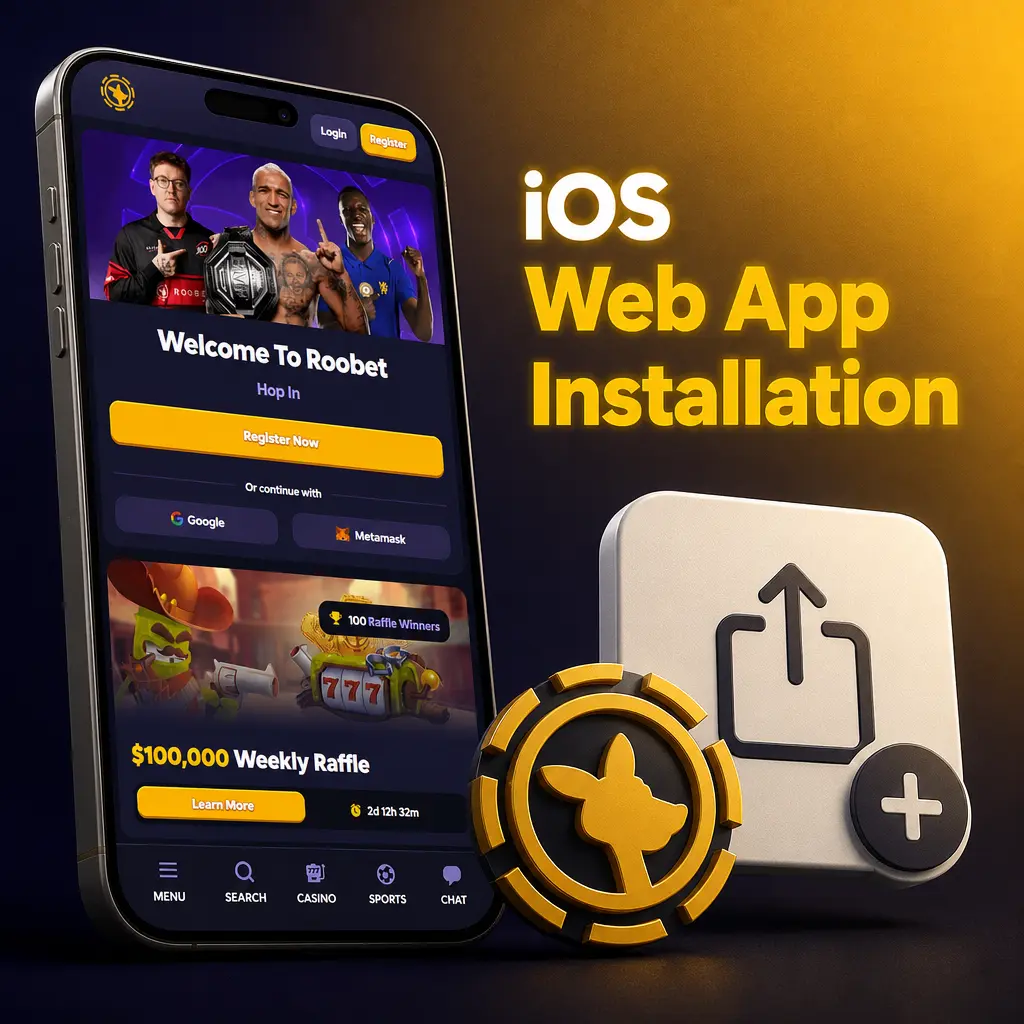 Steps to install Roobet CS2 betting as an iOS web app via Safari share menu and Add to Home Screen