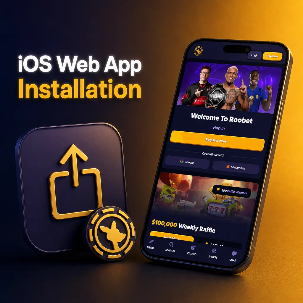 Steps to install the iOS web app via Safari share menu: Add to Home Screen, then sign in and bet on League of Legends.