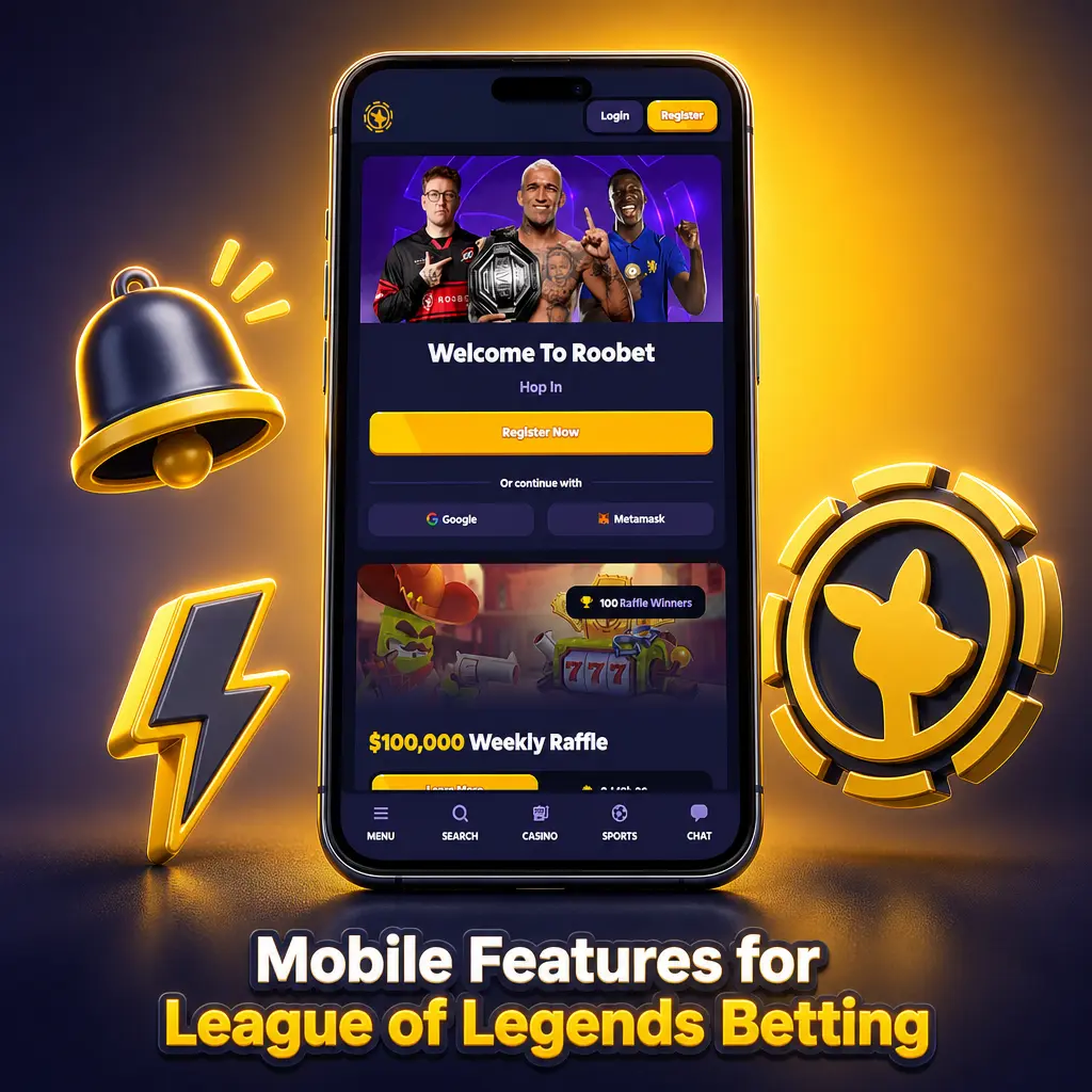 Roobet mobile app screen showing League of Legends esports betting tools, live odds, bet slip, and cashier access