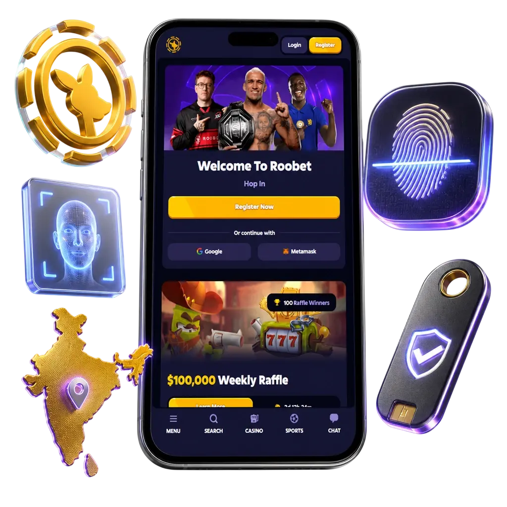 Roobet sign in via mobile in India showing app login screen with email, phone, and biometric options