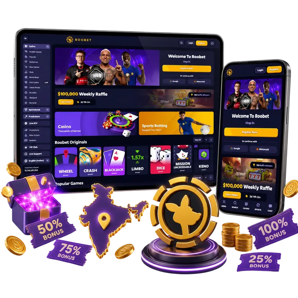 100% welcome bonus up to USD 100 for cricket betting, min INR 500 deposit, 30-day wagering, plus Rooicoin rakeback rewards.