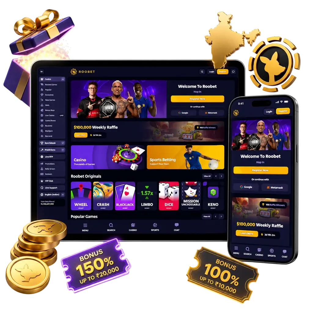 Roobet Welcome Bonus: 100% match deposit offer for new football bettors, valid for UEFA Champions League and Indian Super League betting.