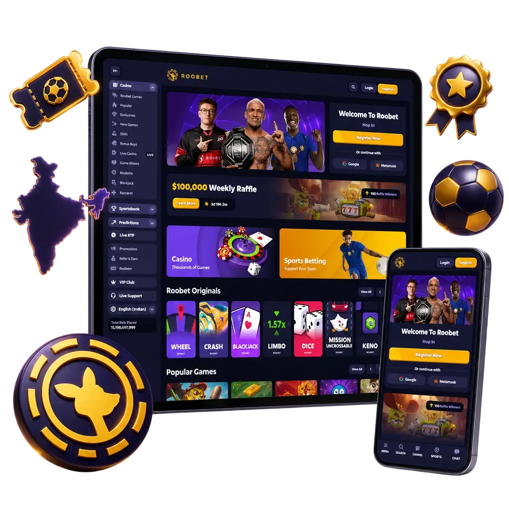 Roobet Sports Welcome Bonus offering a deposit match for cricket, football, and esports betting markets