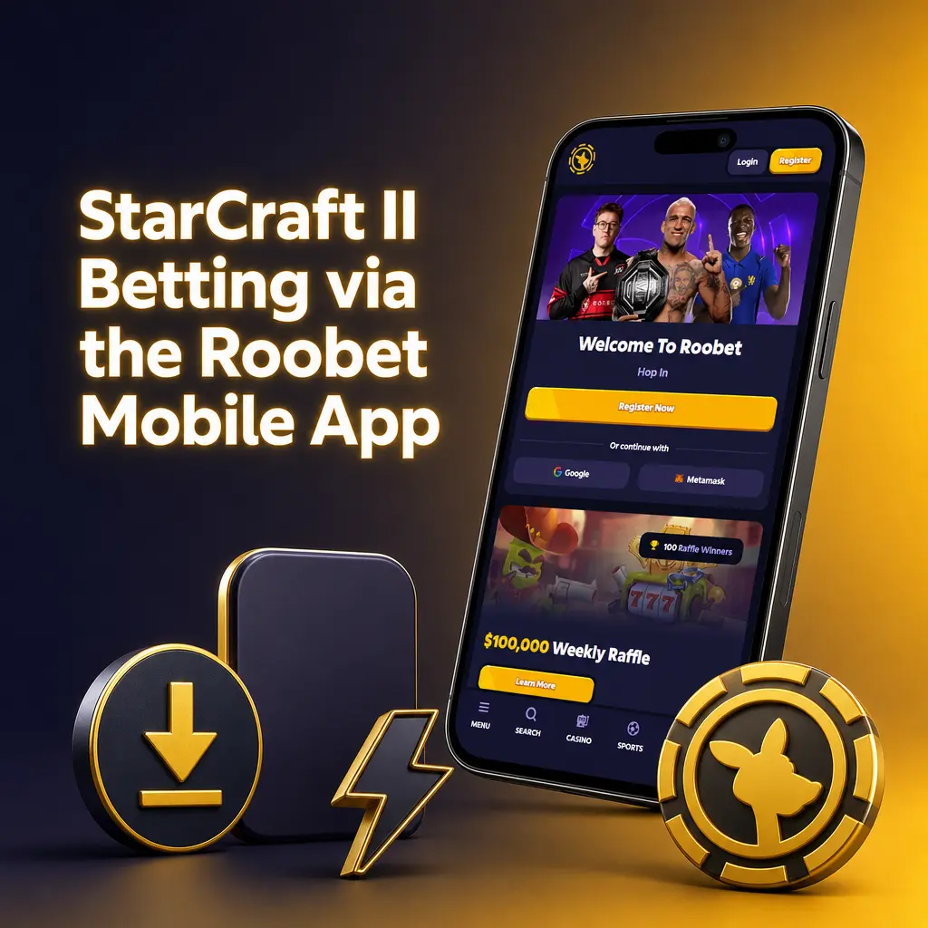 StarCraft II betting on the Roobet mobile app, synced with desktop account, balance and match list for esports wagering.
