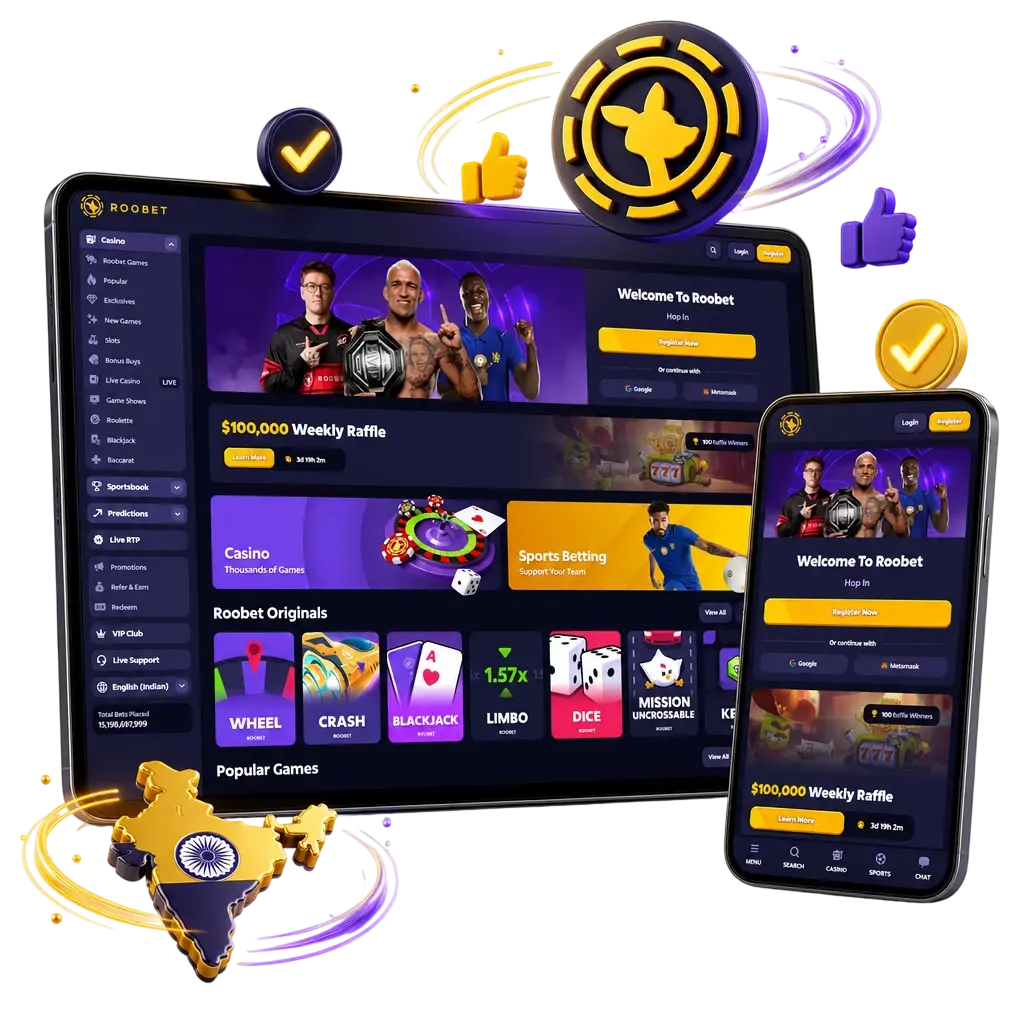 Roobet app interface showing fast biometric login, live betting streams, and quick cashier access for mobile casino and sports betting