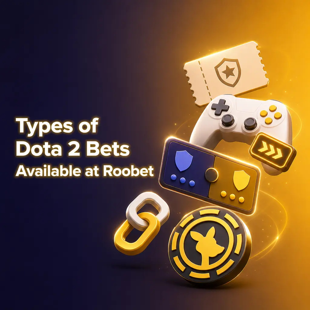 Overview of Dota 2 betting markets at Roobet, including match winner, map handicap, total kills, and objective bets.