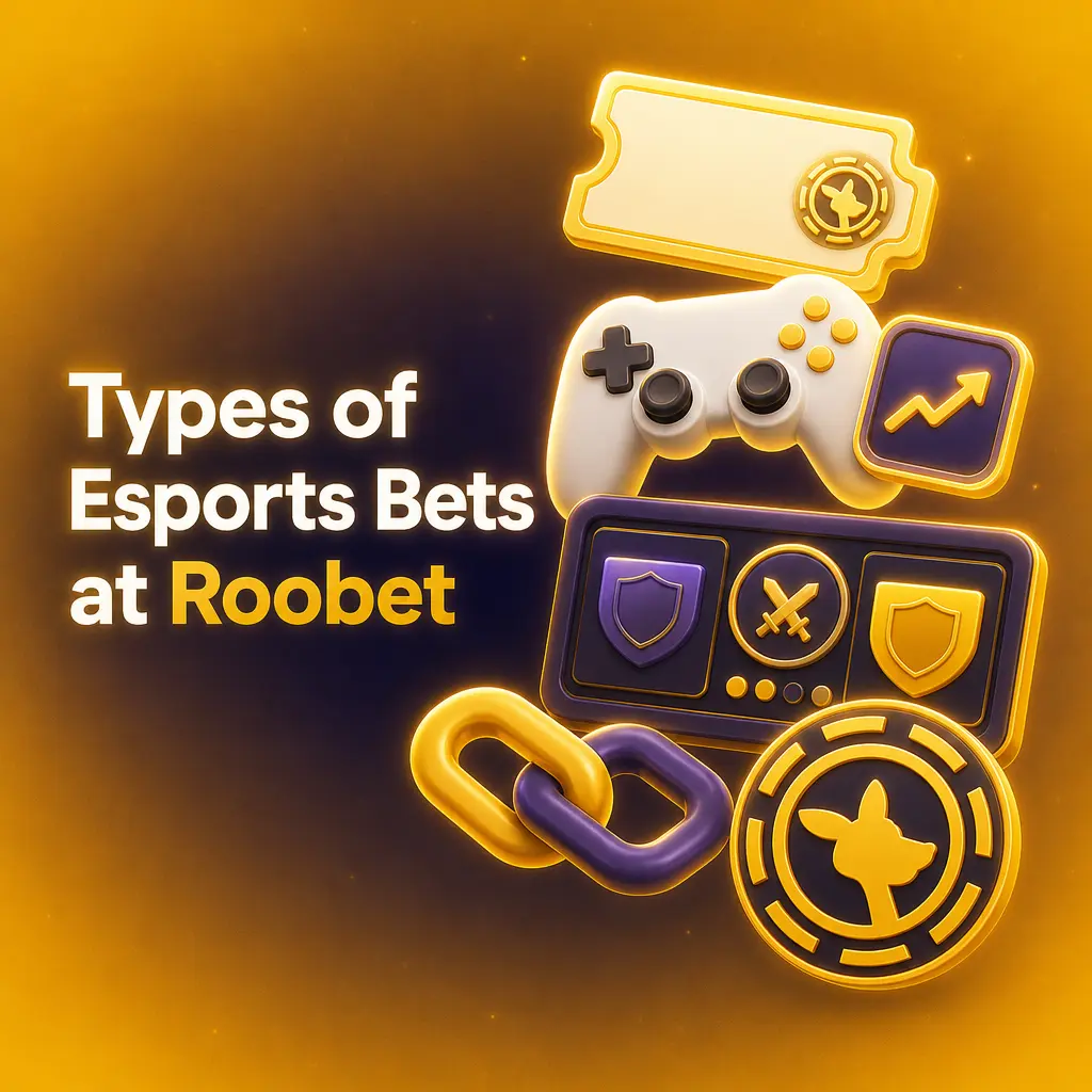 Overview of esports bet types on Roobet, including match winner, handicap, totals, correct score, and in-play markets.