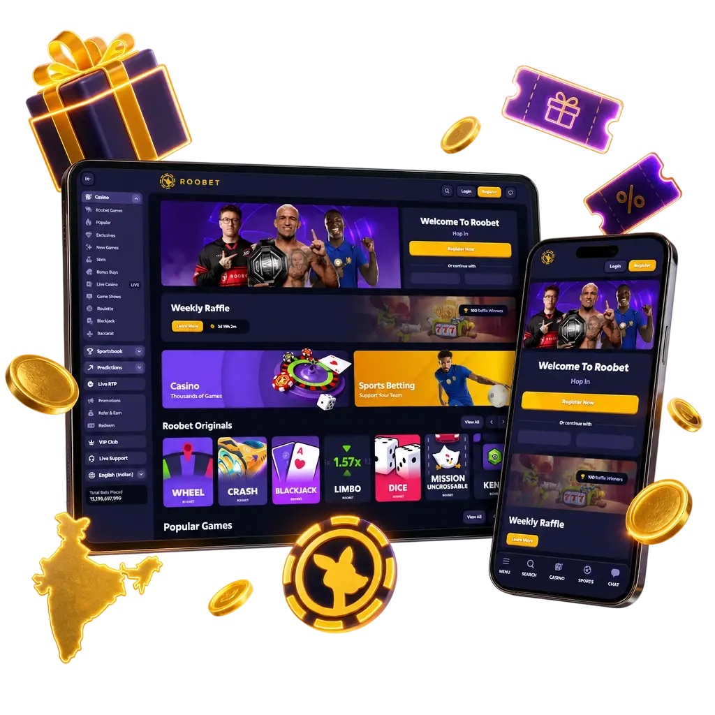 Roobet app welcome bonus for Indian players showing match percentage, deposit limits, and wagering requirements table