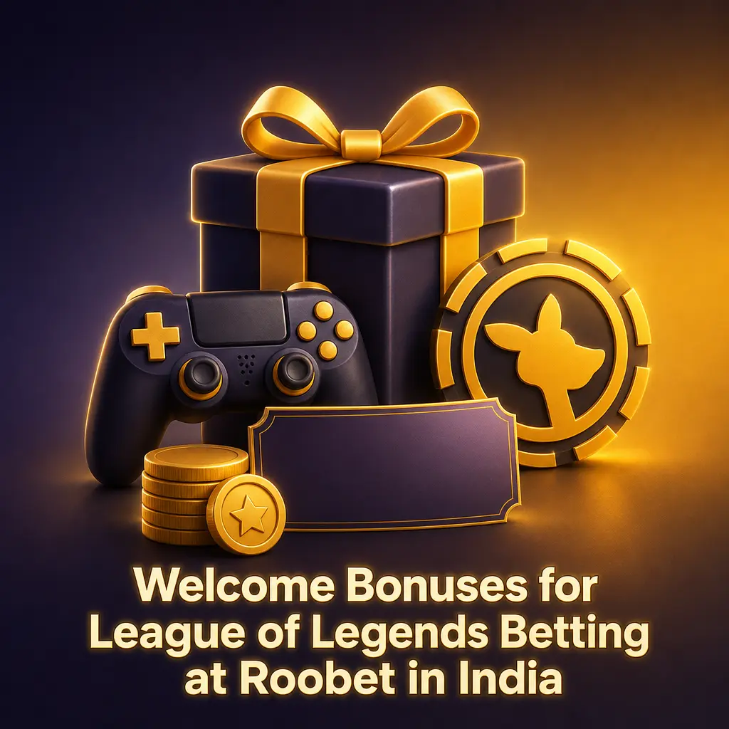 Roobet welcome bonus screen for League of Legends esports betting, showing sign-up steps for new users in India