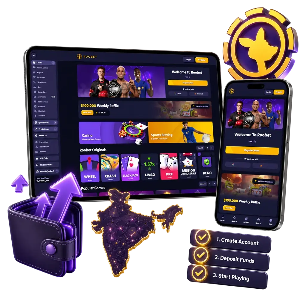 Step-by-step guide showing how to withdraw money from Roobet using the cashier and payout tab in India
